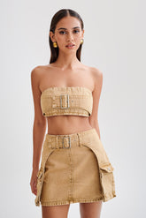 Rowena Denim Buckle Bandeau - Tan Acid Wash