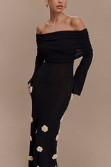 Kiki Off Shoulder Knit Rose Maxi Dress - Black/White