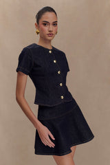 Bethany Short Sleeve Buttoned Denim Top - Washed Indigo Blue