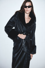 Rebekah Oversized Pu Trench Coat With Fur Trim - Black