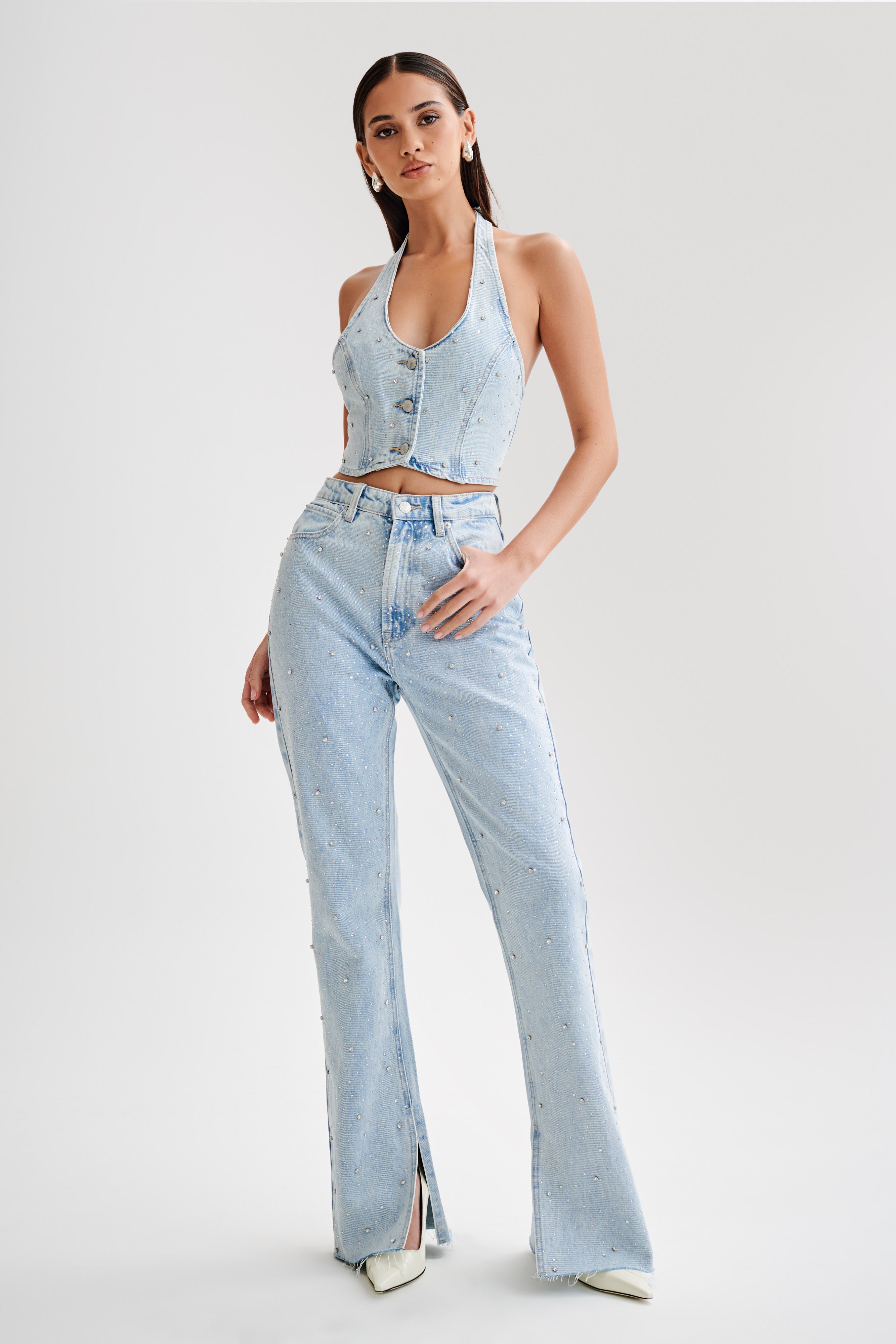 Lauren Embellished Straight Leg Jeans - Light Blue