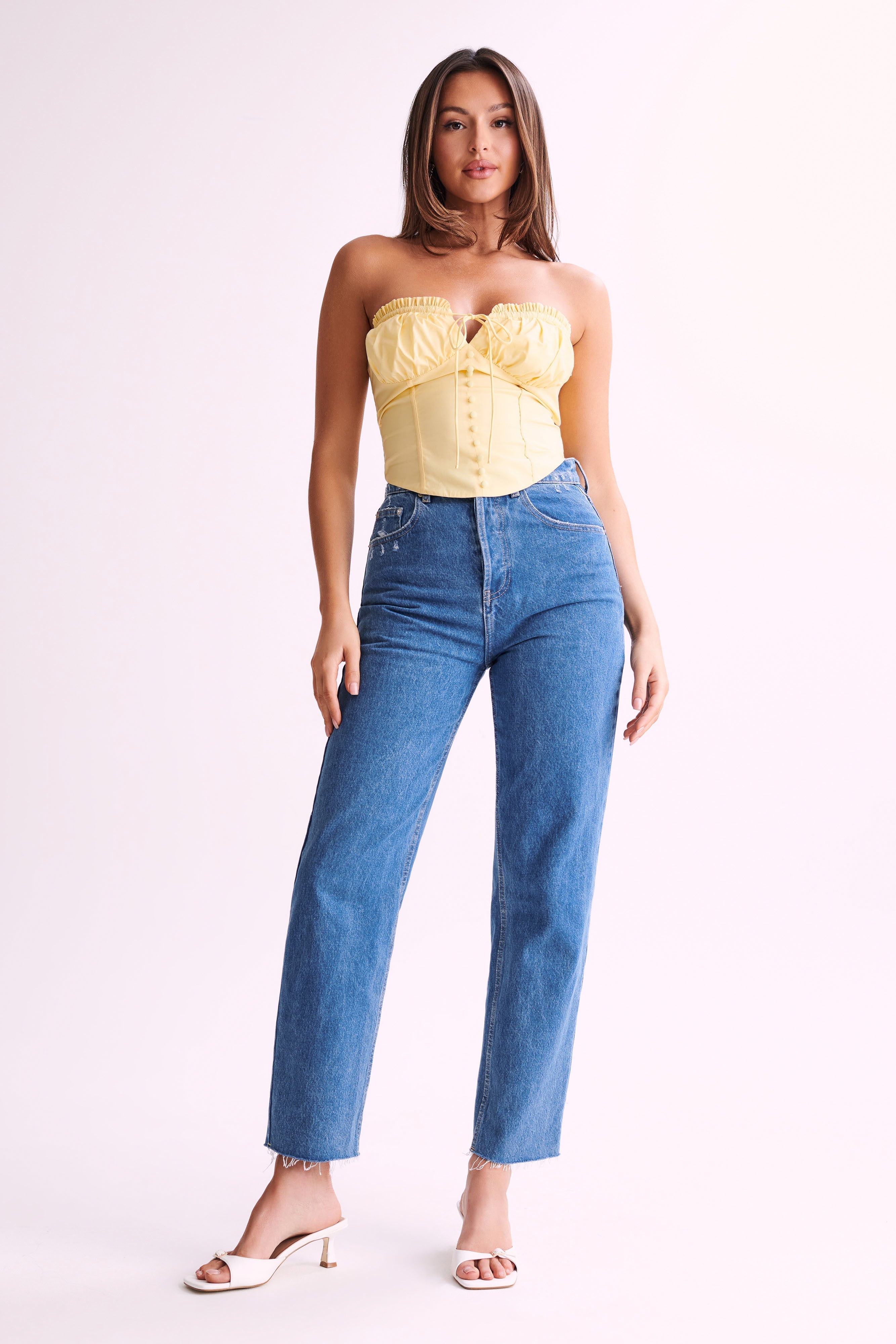 Embry Ruched Strapless Top - Lemon