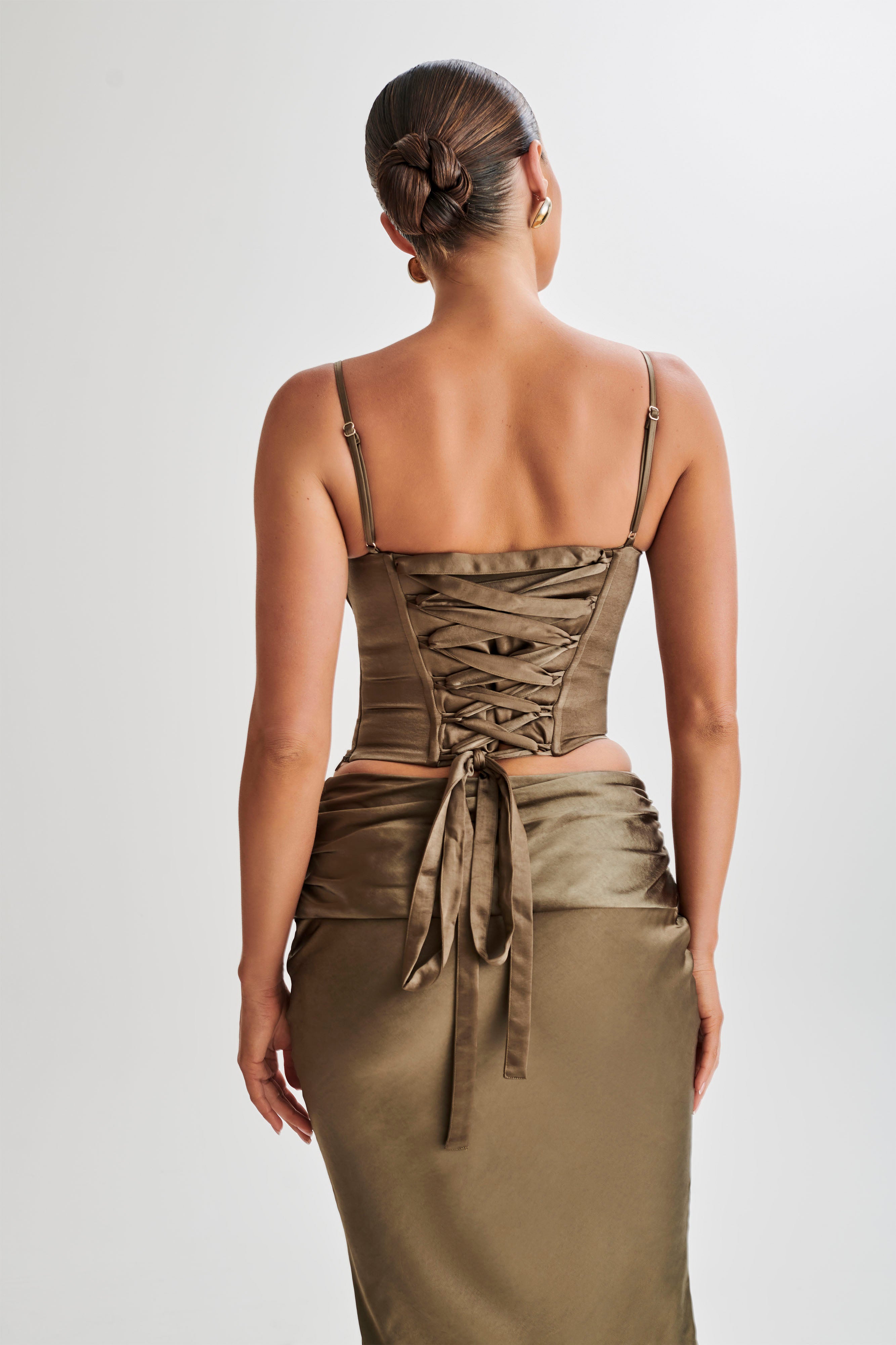 Harlee Satin Corset Top With Straps - Khaki