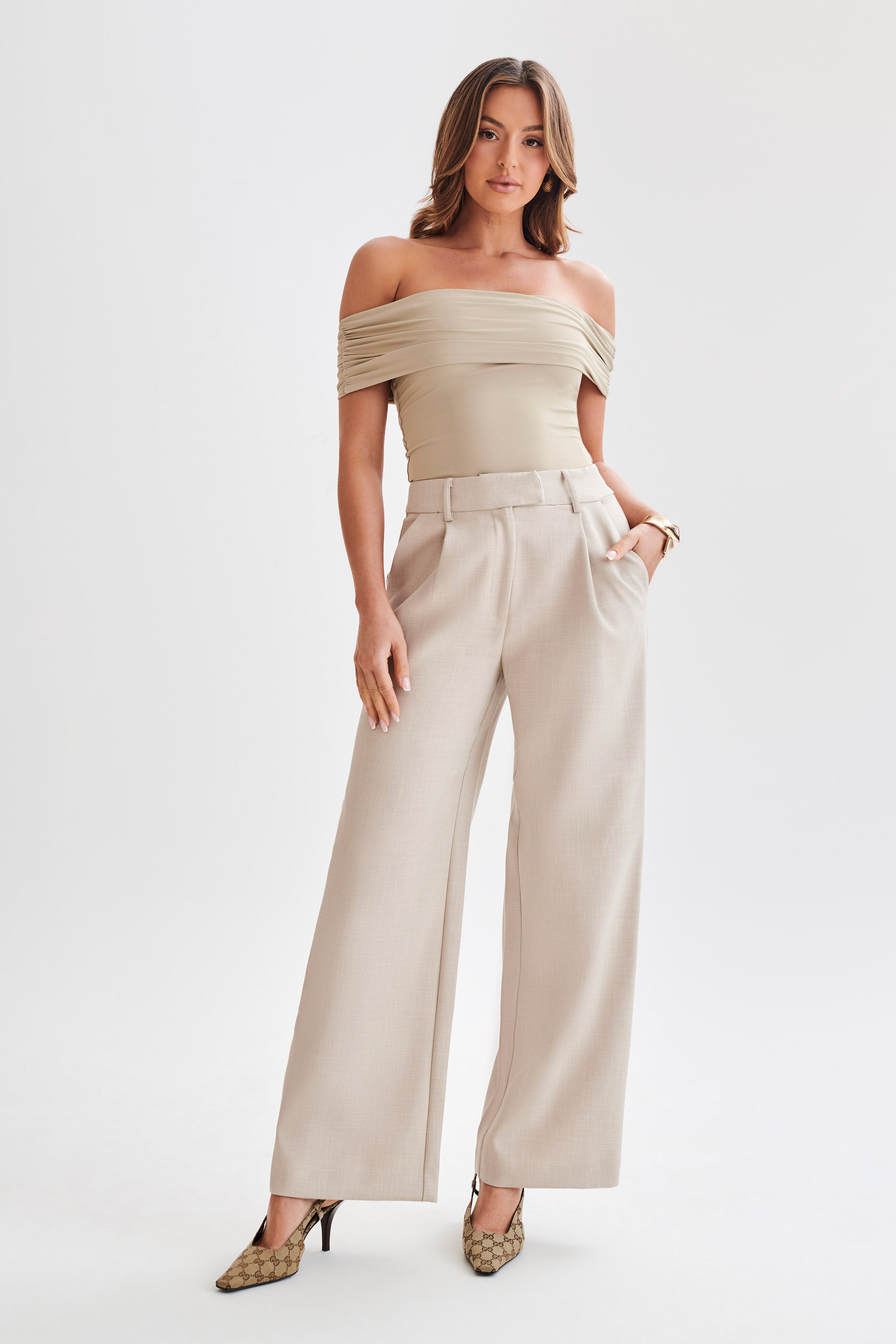 Meena Recycled Nylon Off Shoulder Top - Taupe