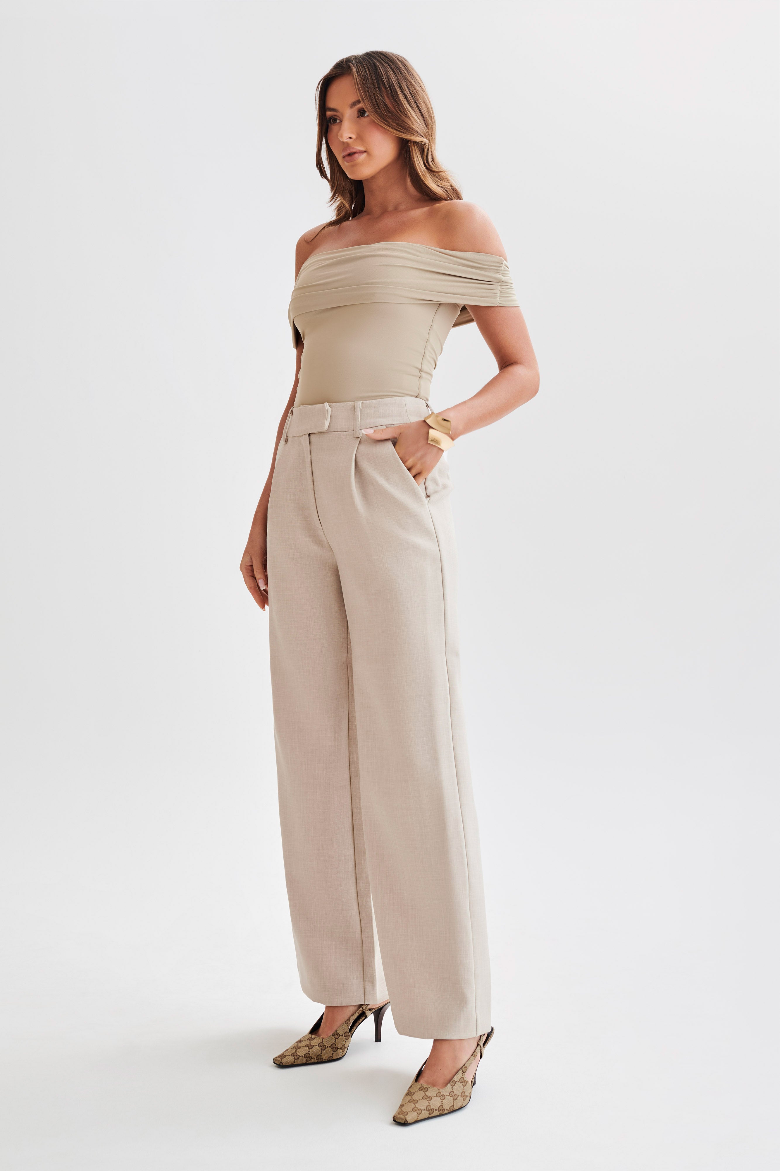 Meena Recycled Nylon Off Shoulder Top - Taupe