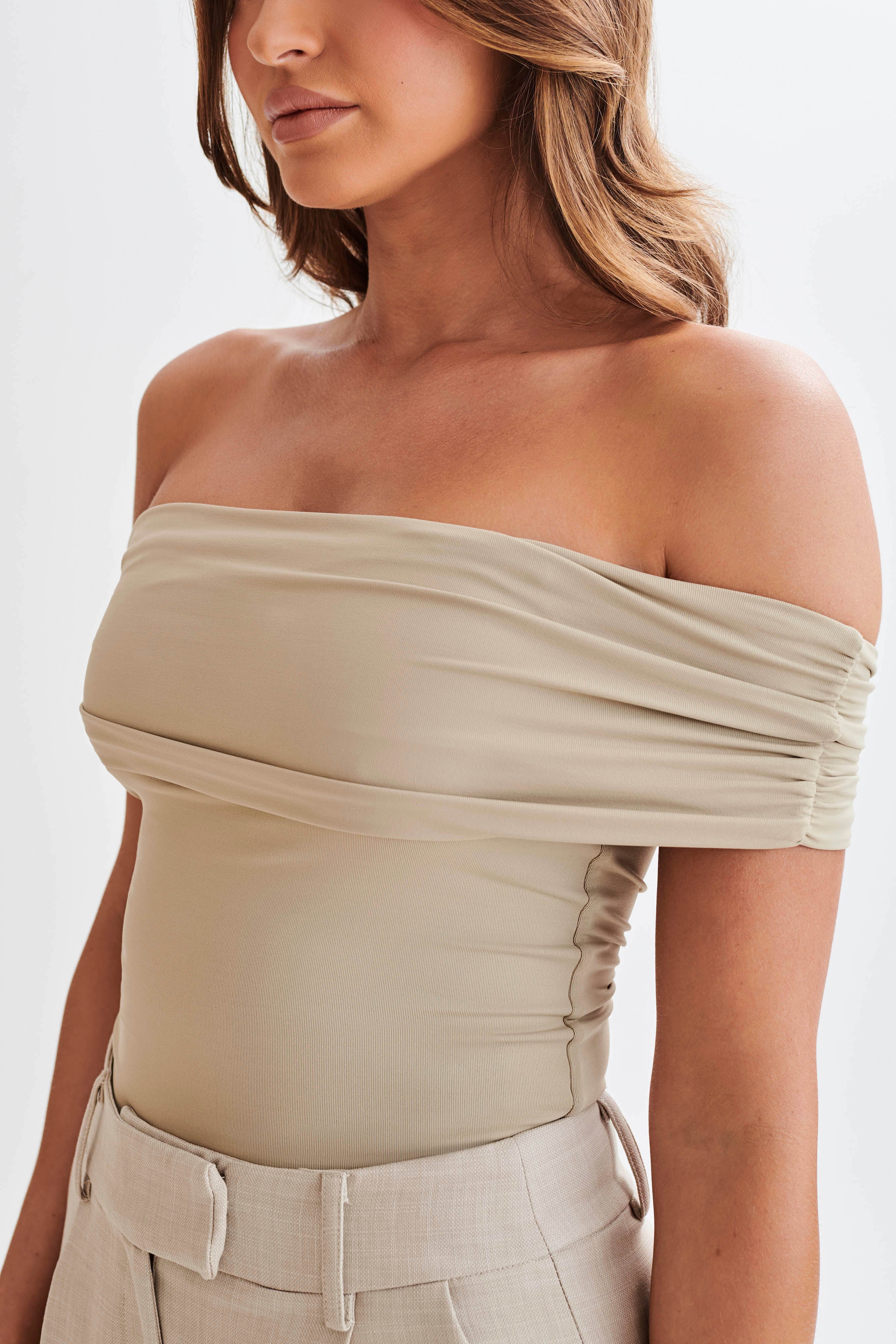 Meena Recycled Nylon Off Shoulder Top - Taupe