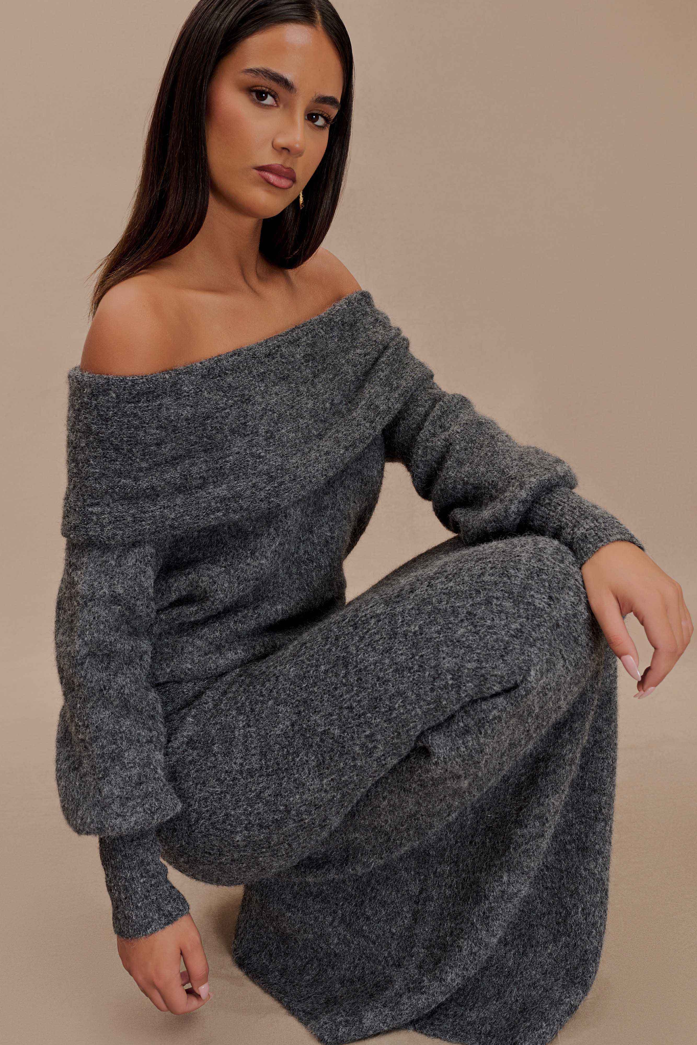 Charlotte Off Shoulder Knit Long Sleeve Top - Charcoal Marle