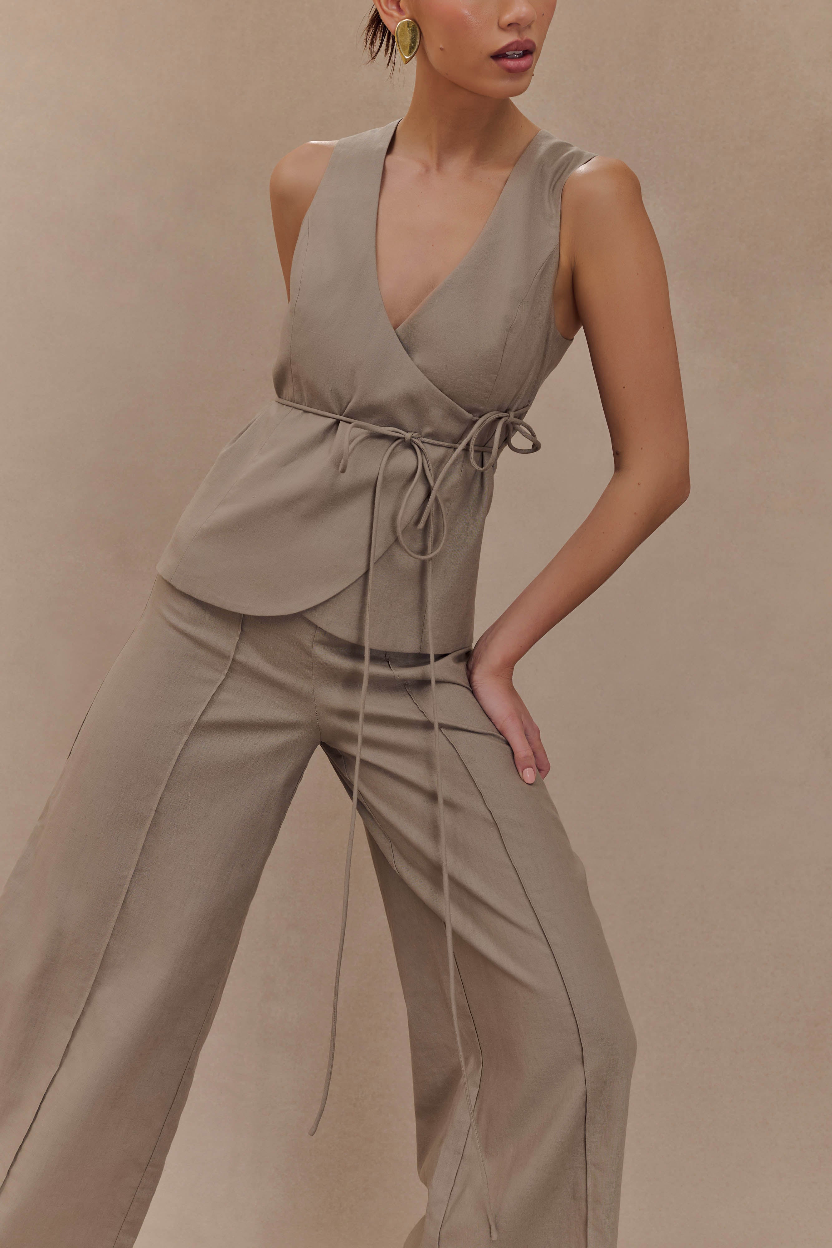 Brandi Linen Sleeveless Wrap Top - Pebble