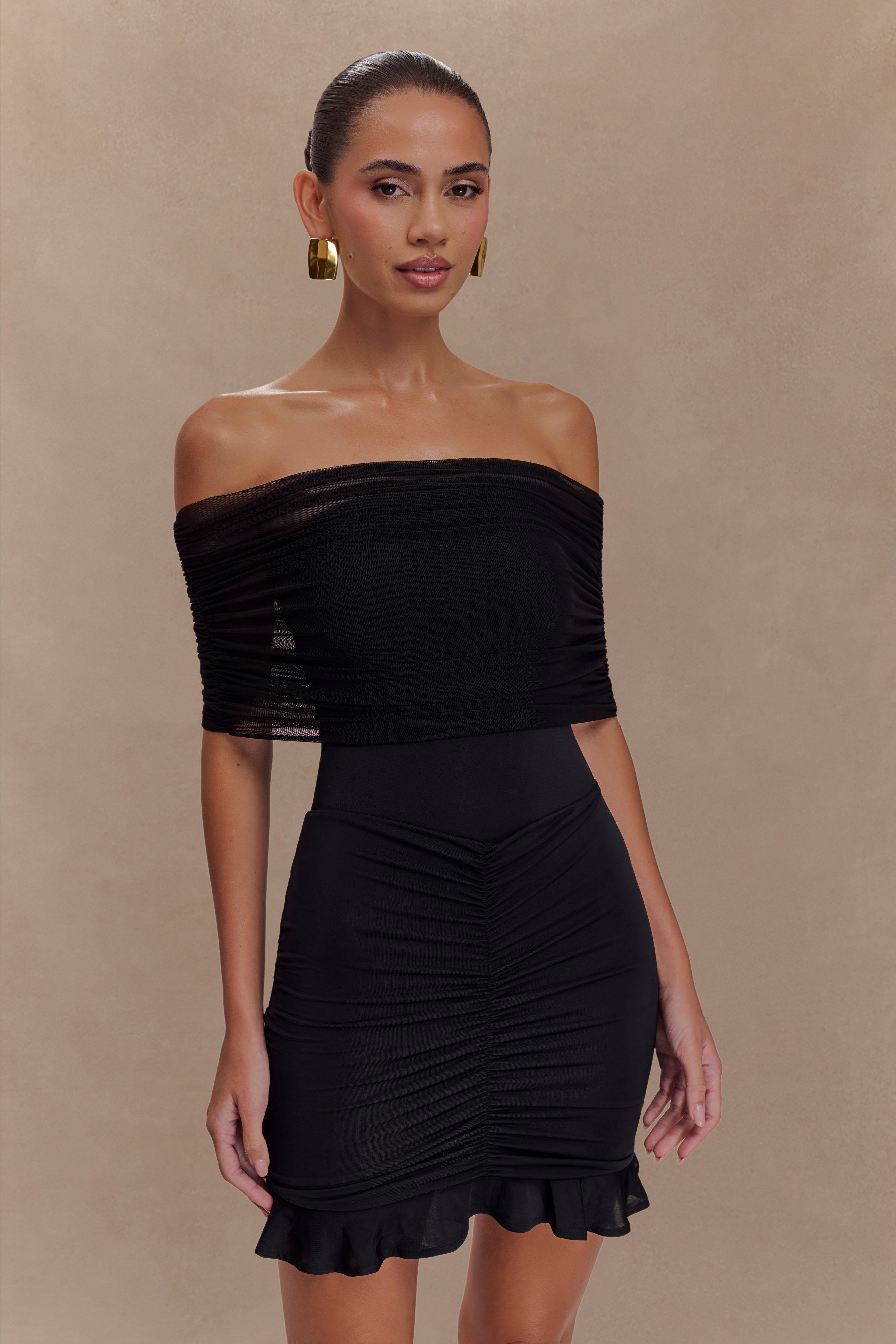 Caspian Slinky And Mesh Off Shoulder Mini Dress - Black