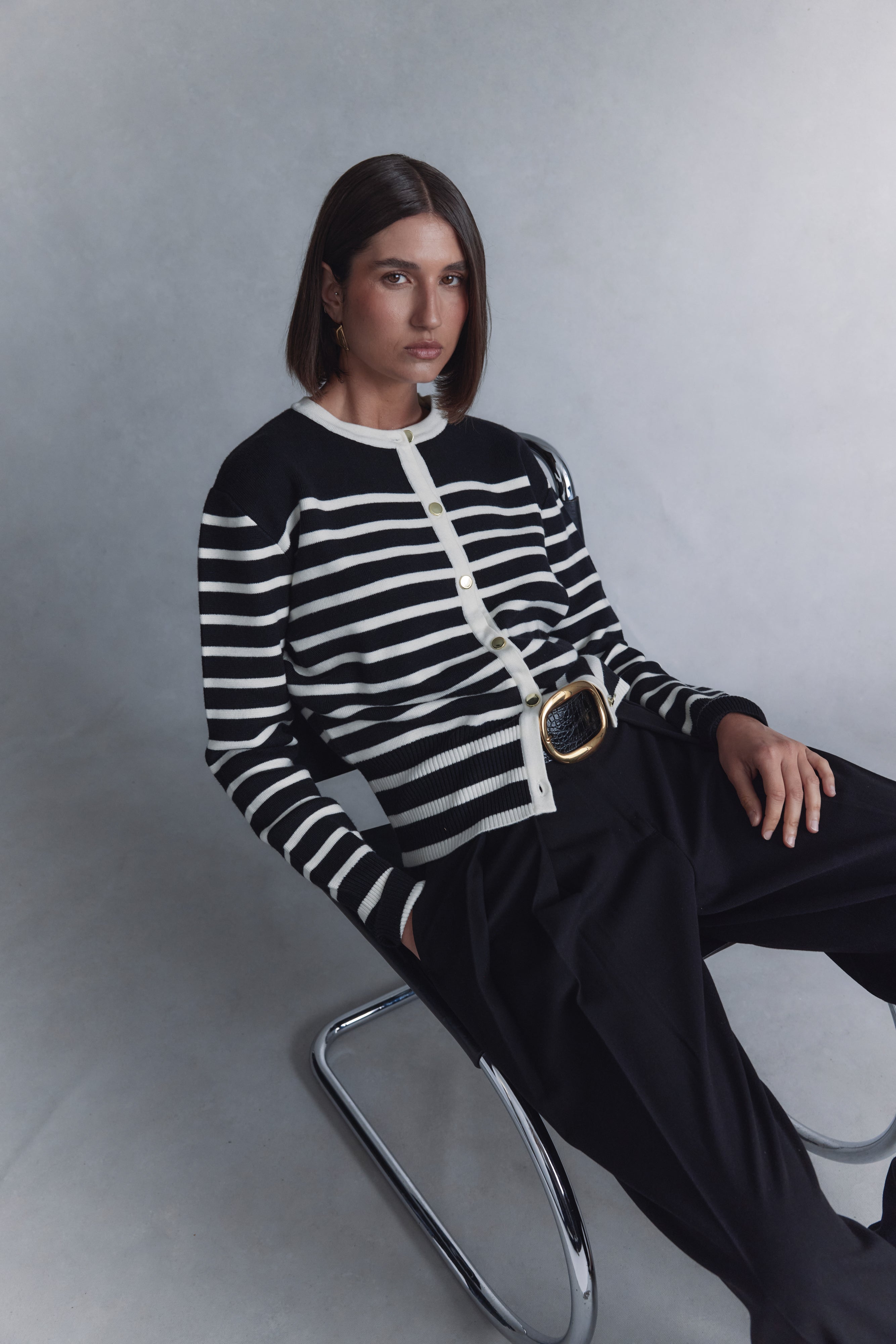 Talia Stripe Knit Cardigan - Black/White