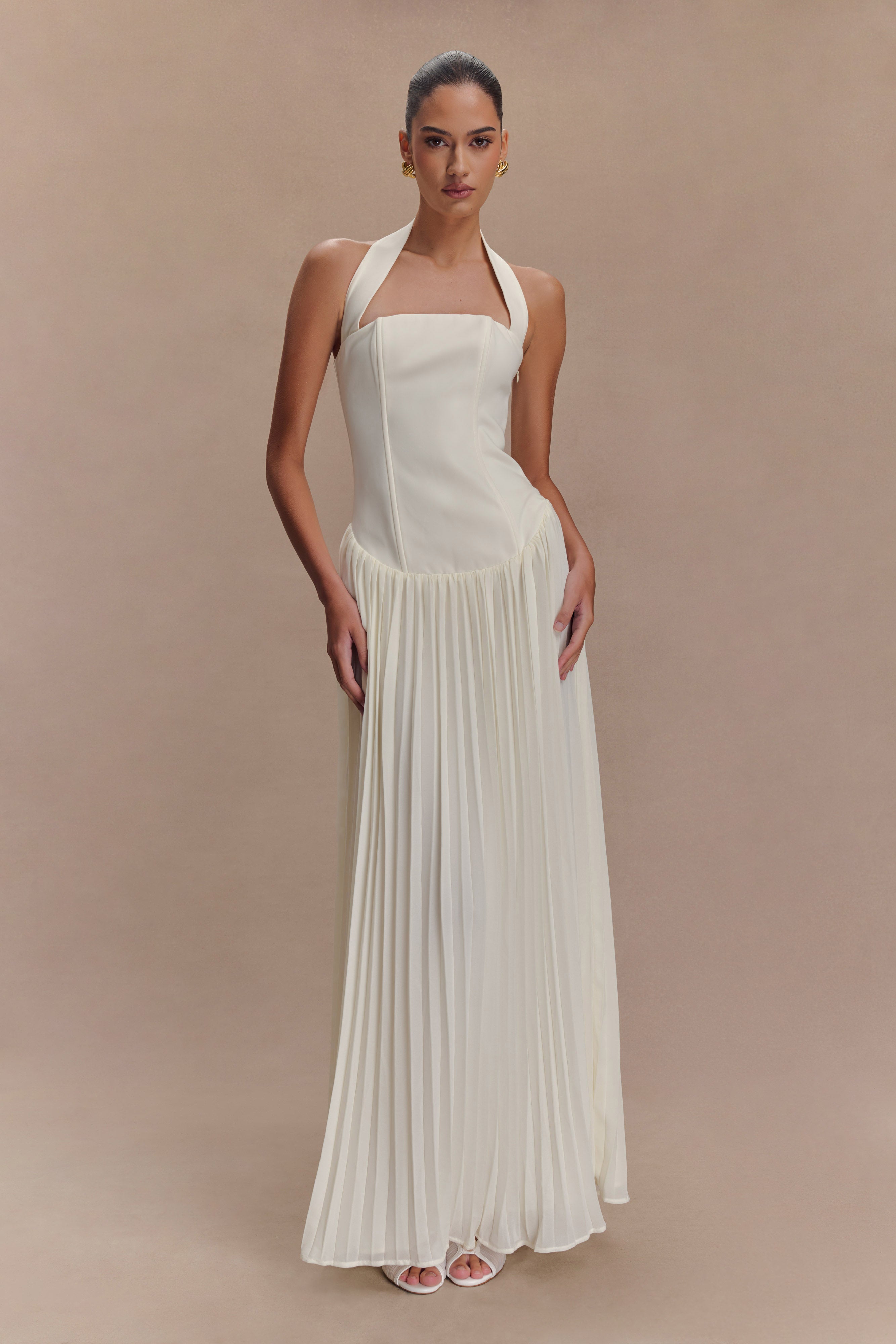 Stacie Pleated Halter Maxi Dress - Ivory