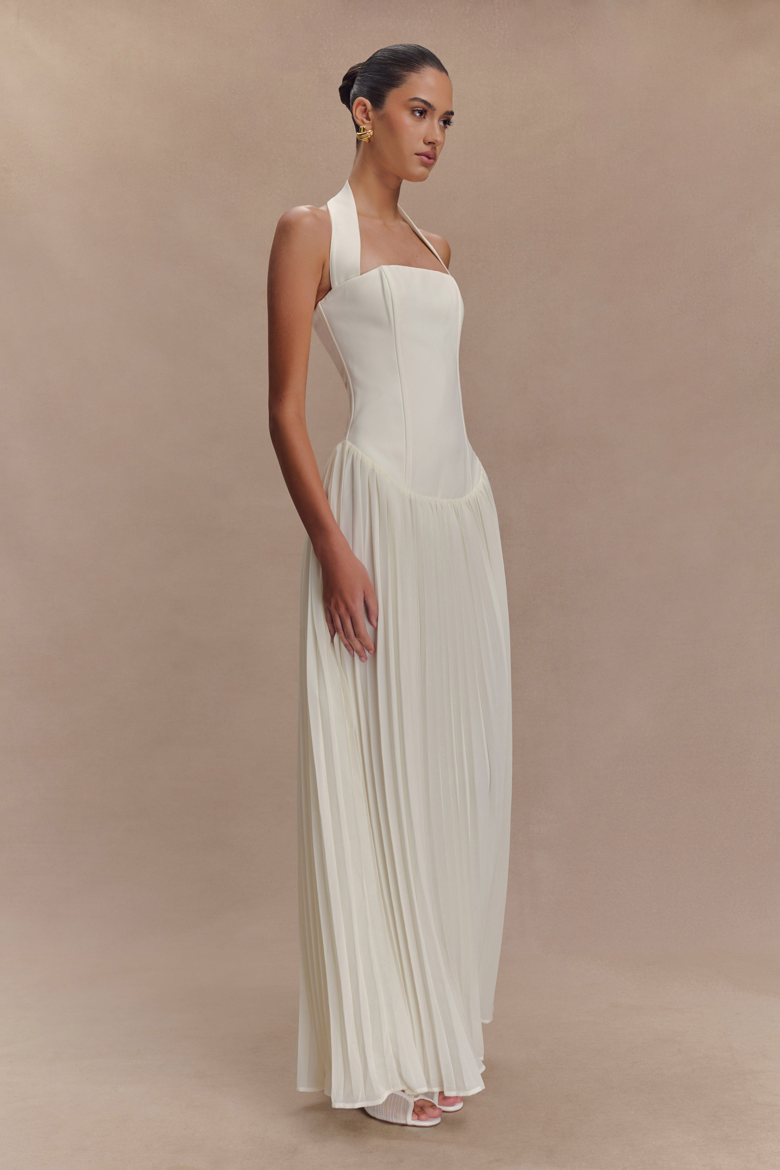 Stacie Pleated Halter Maxi Dress - Ivory