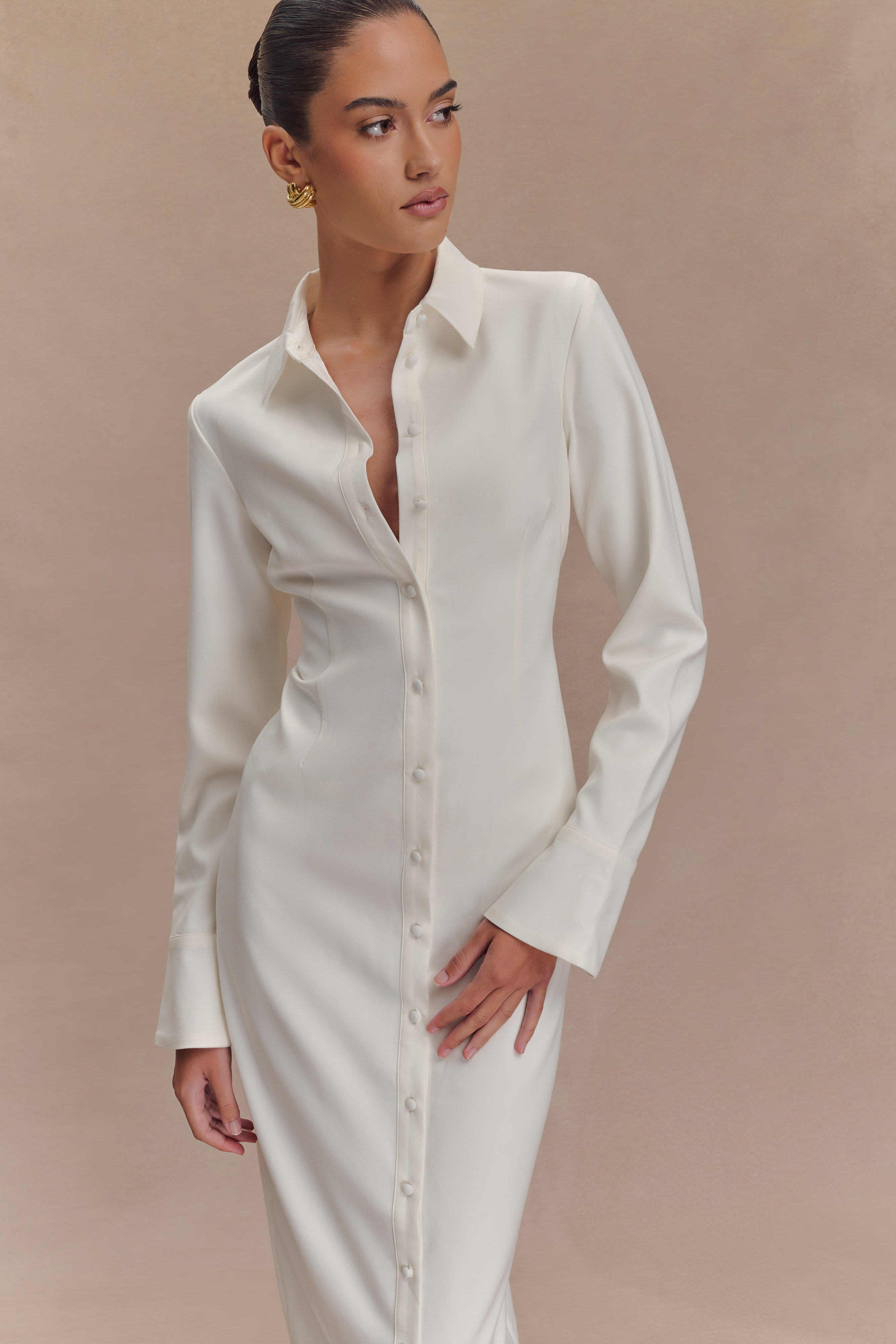 Dorian Fitted Shirt Midi Dress - White