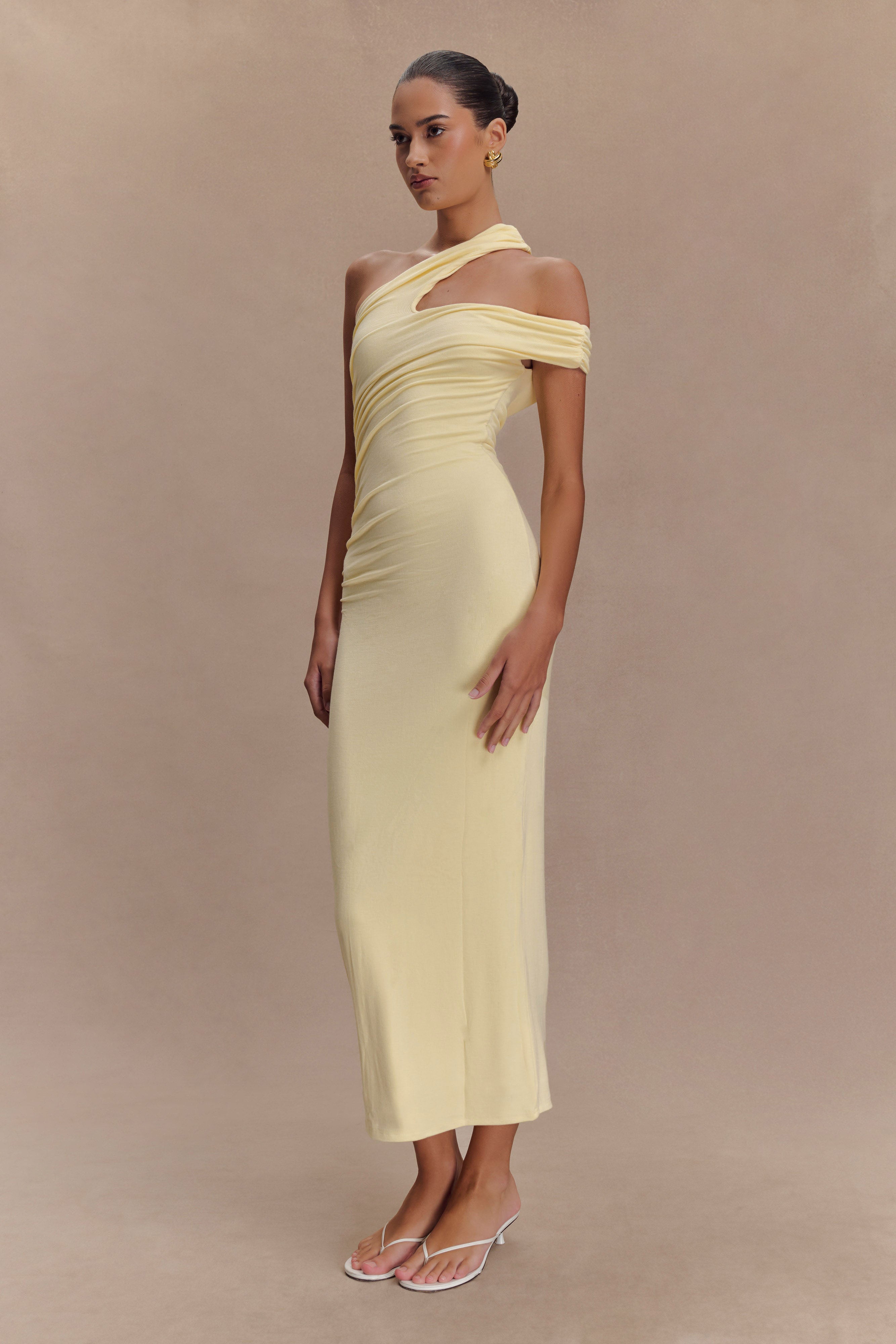 Anastasia One Shoulder Modal Midi Dress - Pale Lemon