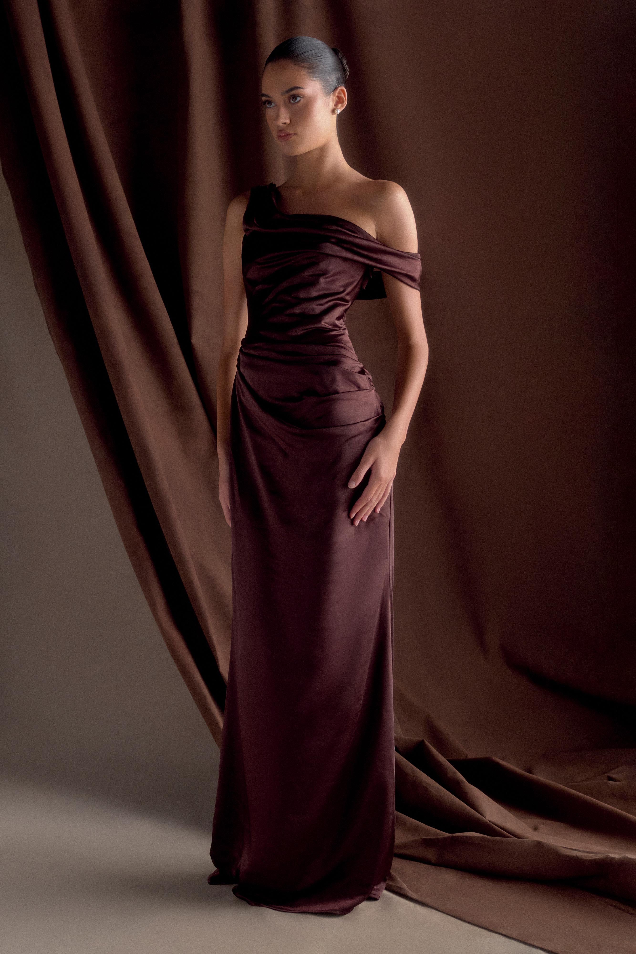 Dalia Off Shoulder Satin Maxi Dress - Dark Chocolate