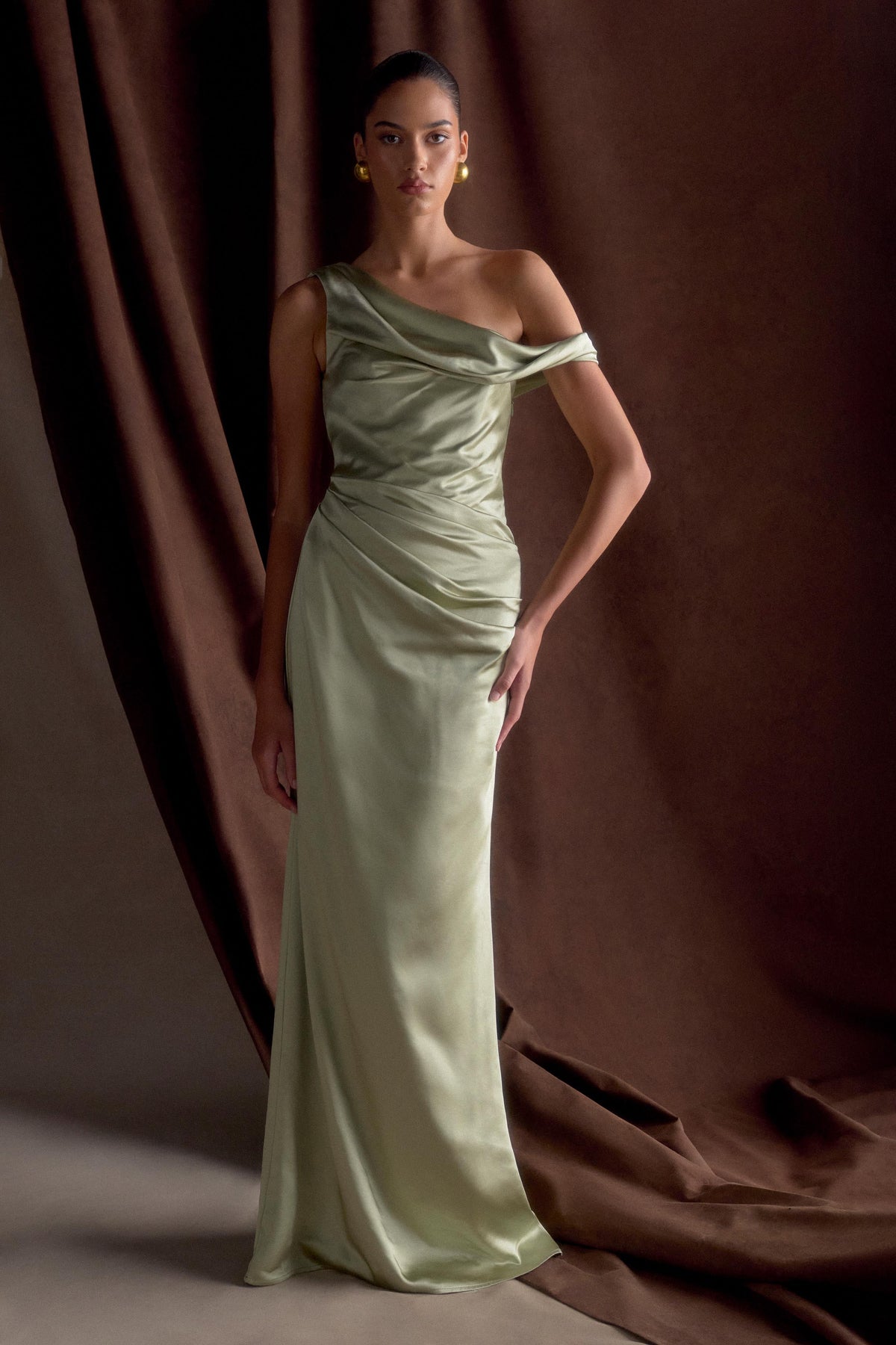 Dalia Off Shoulder Satin Maxi Dress - Sage
