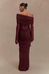 Kaitlin One Shoulder Slinky And Mesh Maxi Dress - Burgundy
