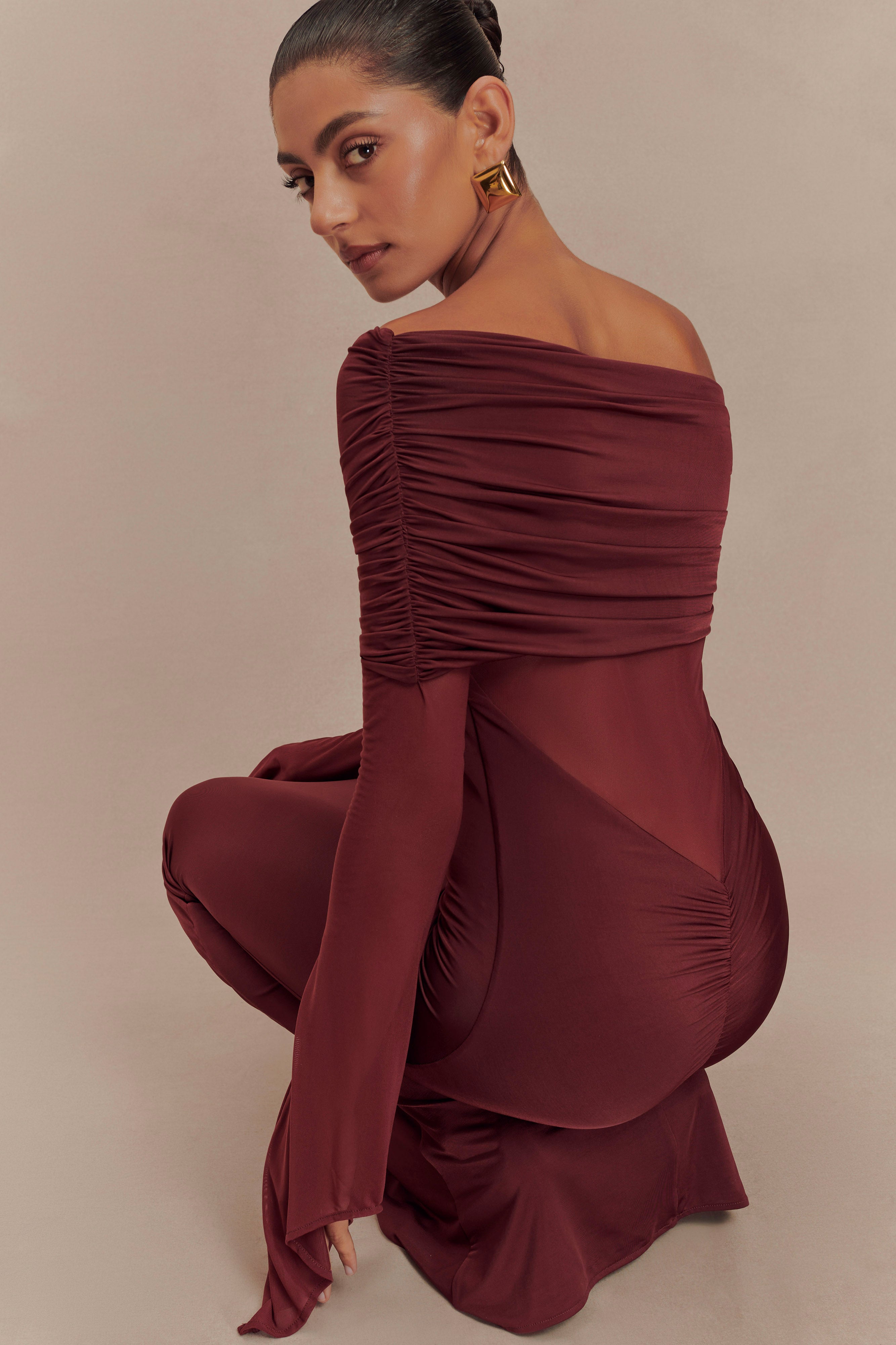 Kaitlin One Shoulder Slinky And Mesh Maxi Dress - Burgundy