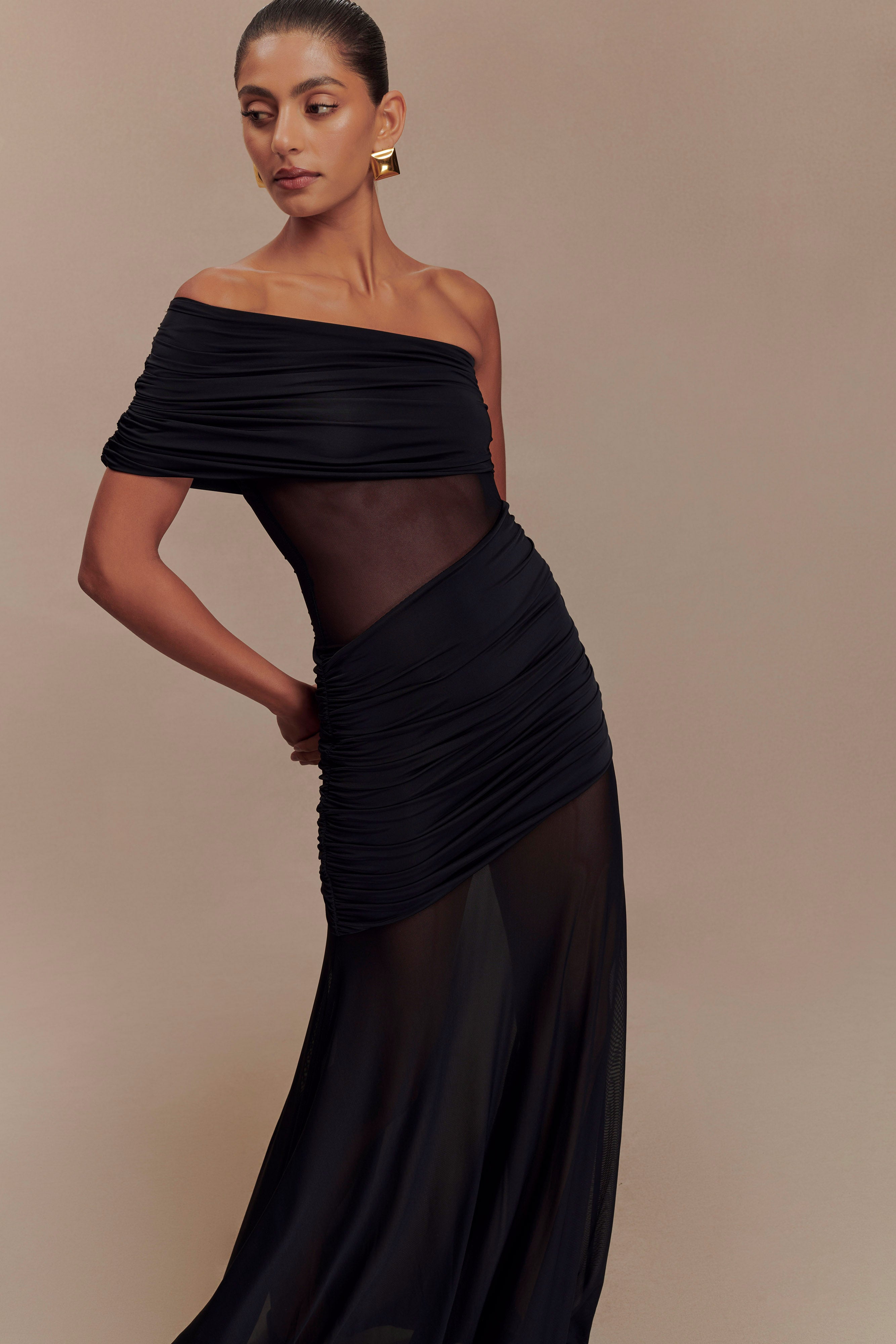 Dallas One Shoulder Mesh Maxi Dress - Black