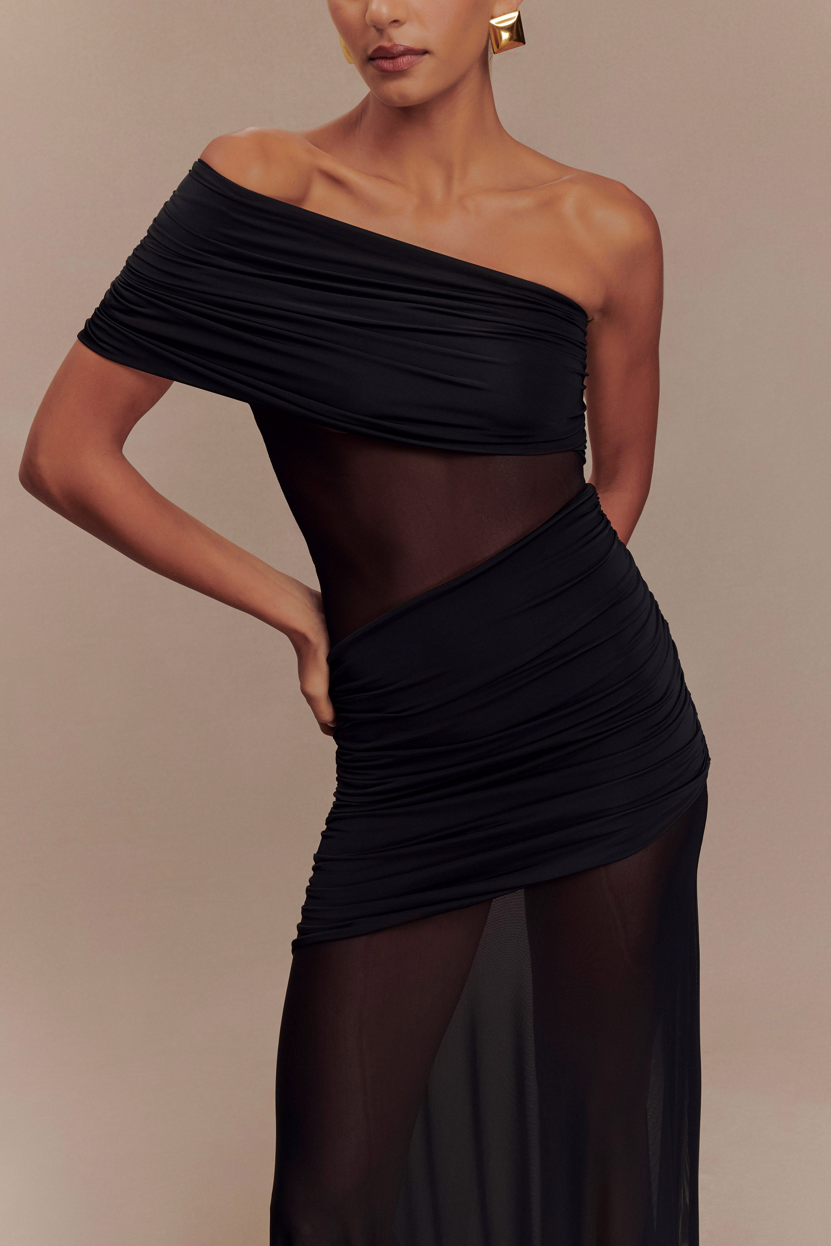 Dallas One Shoulder Mesh Maxi Dress - Black