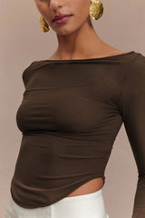 Colette Boat Neck Mesh Top - Dark Chocolate
