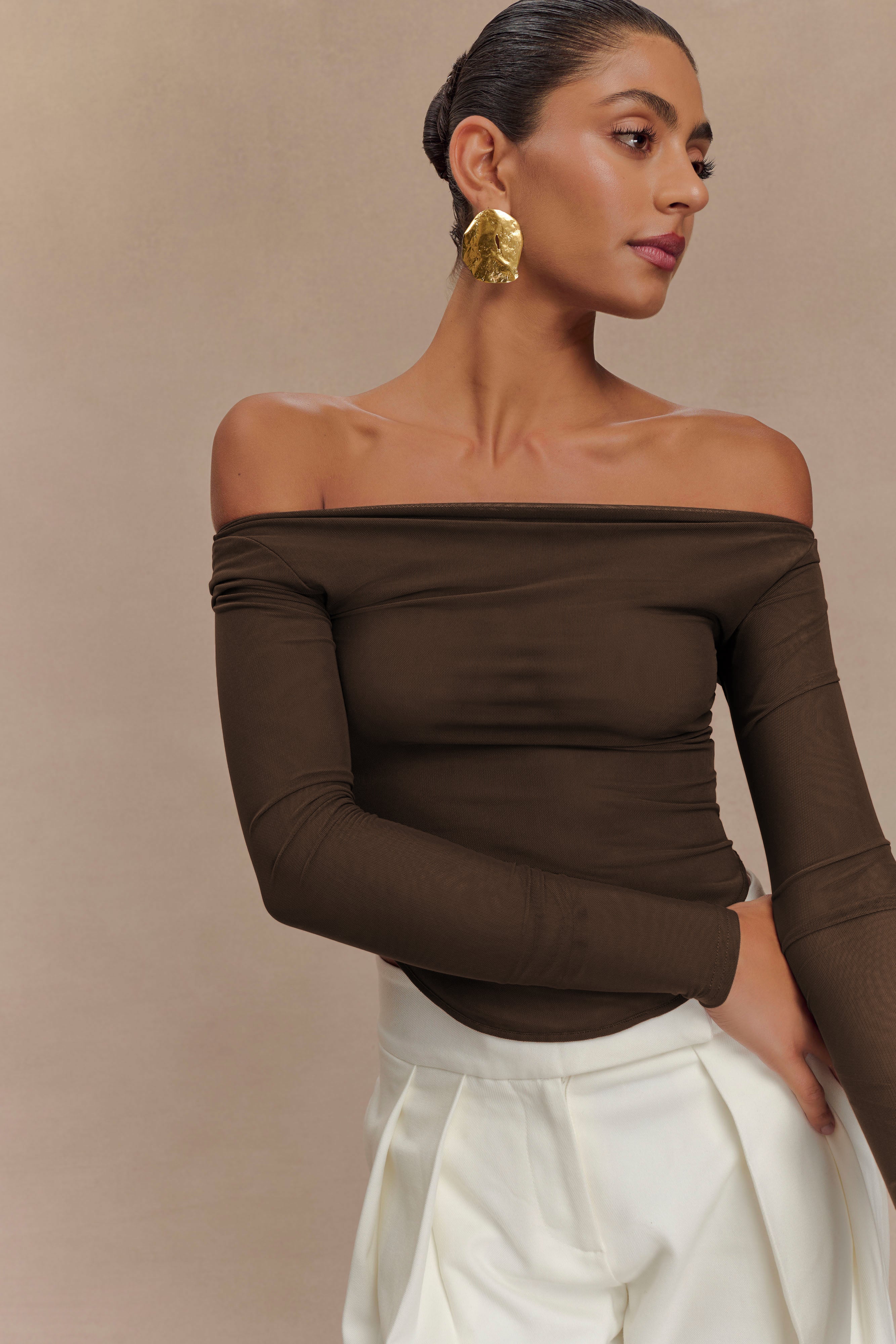 Colette Boat Neck Mesh Top - Dark Chocolate