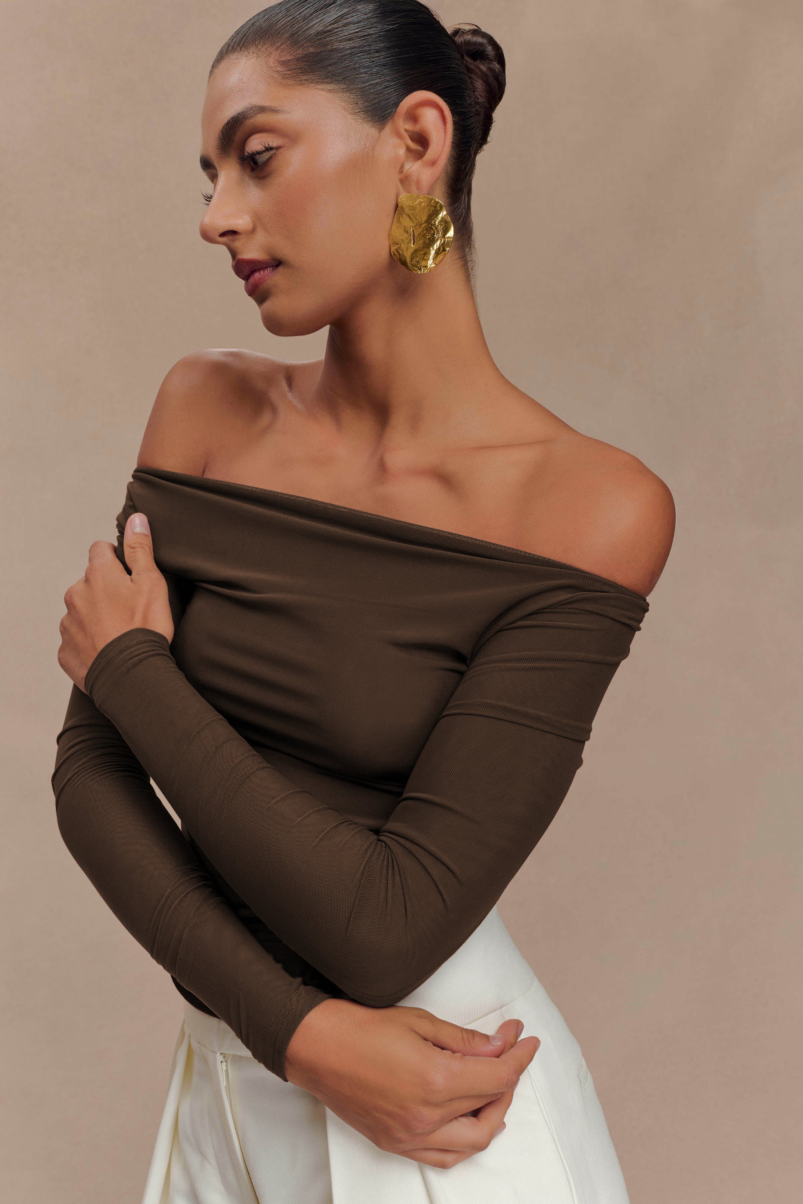 Colette Boat Neck Mesh Top - Dark Chocolate