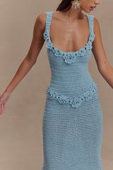 Teagan Floral Hand Crochet Midi Dress - Blue