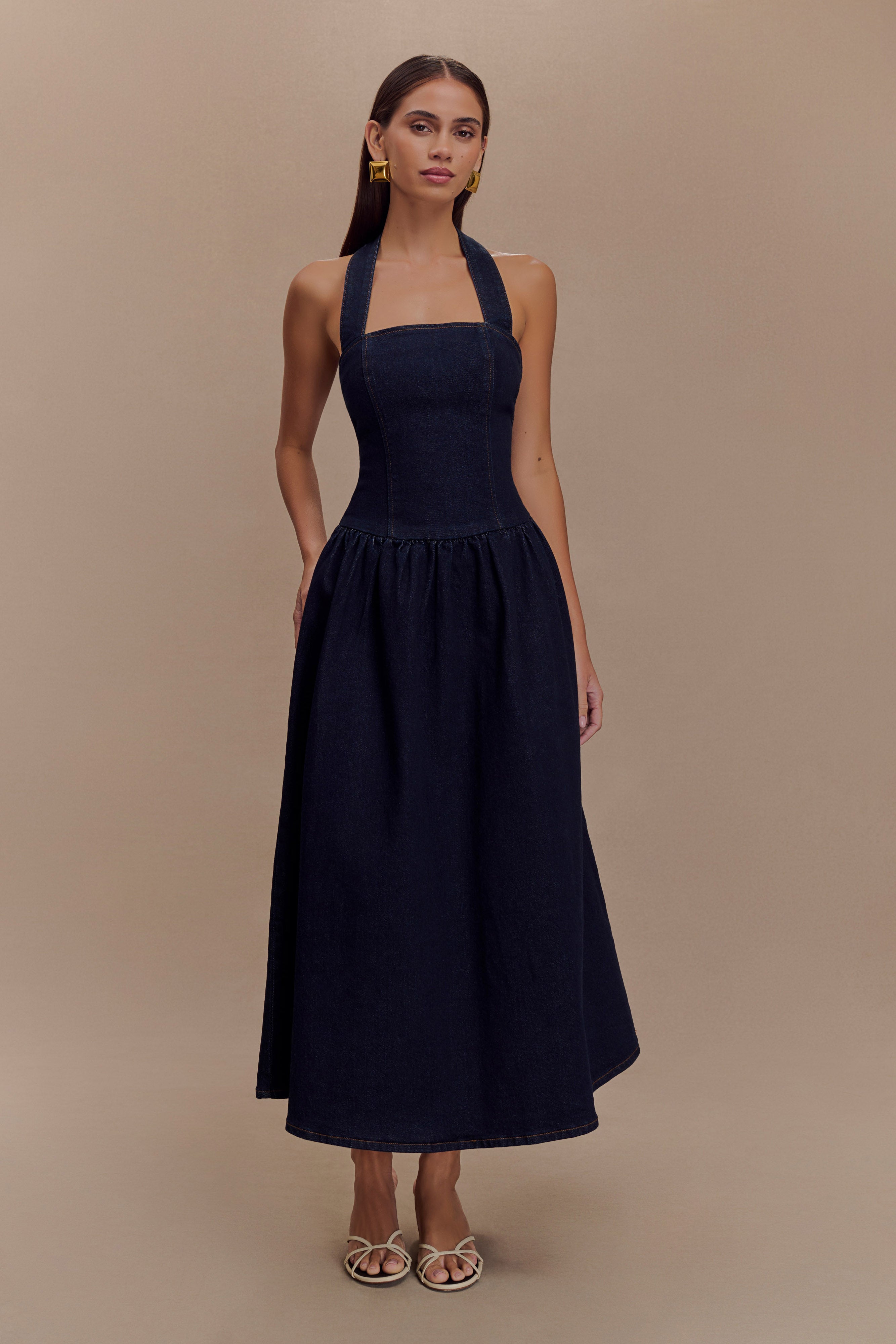 Caroline Denim Halter Midi Dress - Indigo Blue