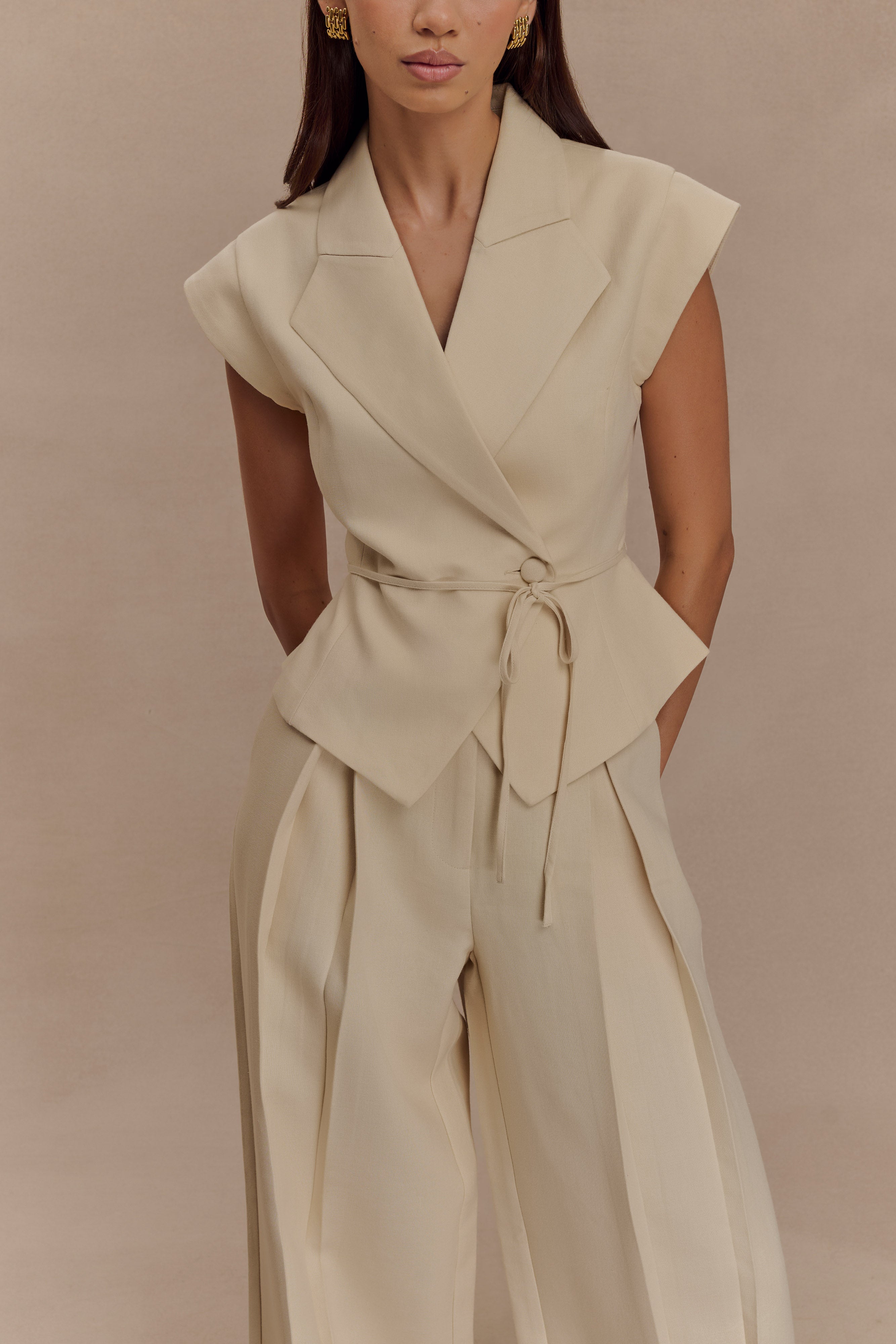 Raya Mid Rise Wide Leg Linen Pant - Natural Beige