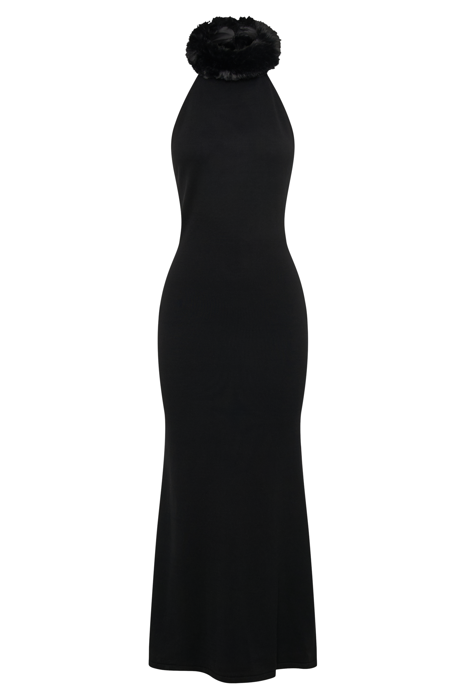 Elva Halter Knit Maxi Dress With Faux Fur - Black