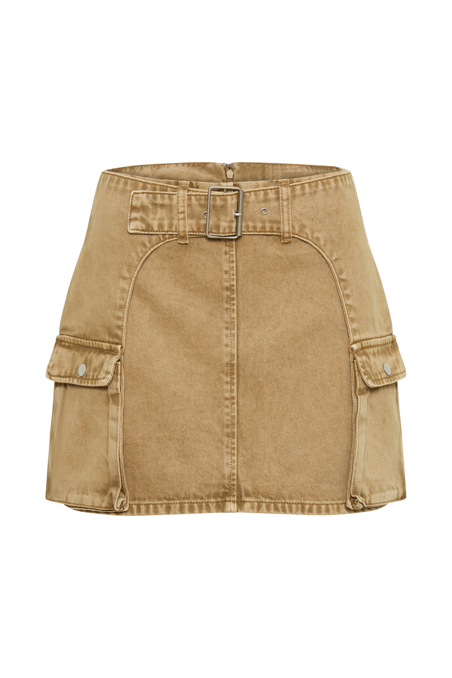 Rowena Denim Buckle Mini Skirt - Tan Acid Wash