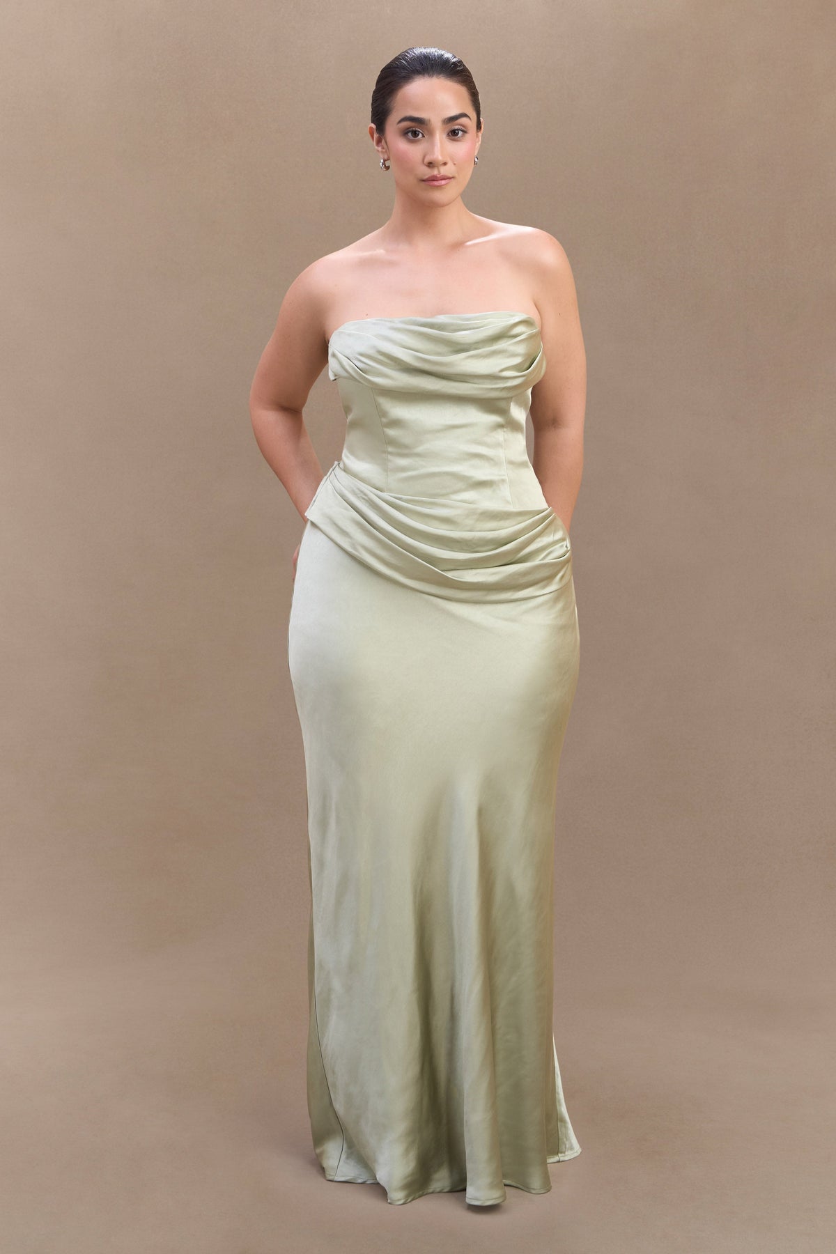 Jasmine Strapless Satin Maxi Dress - Sage