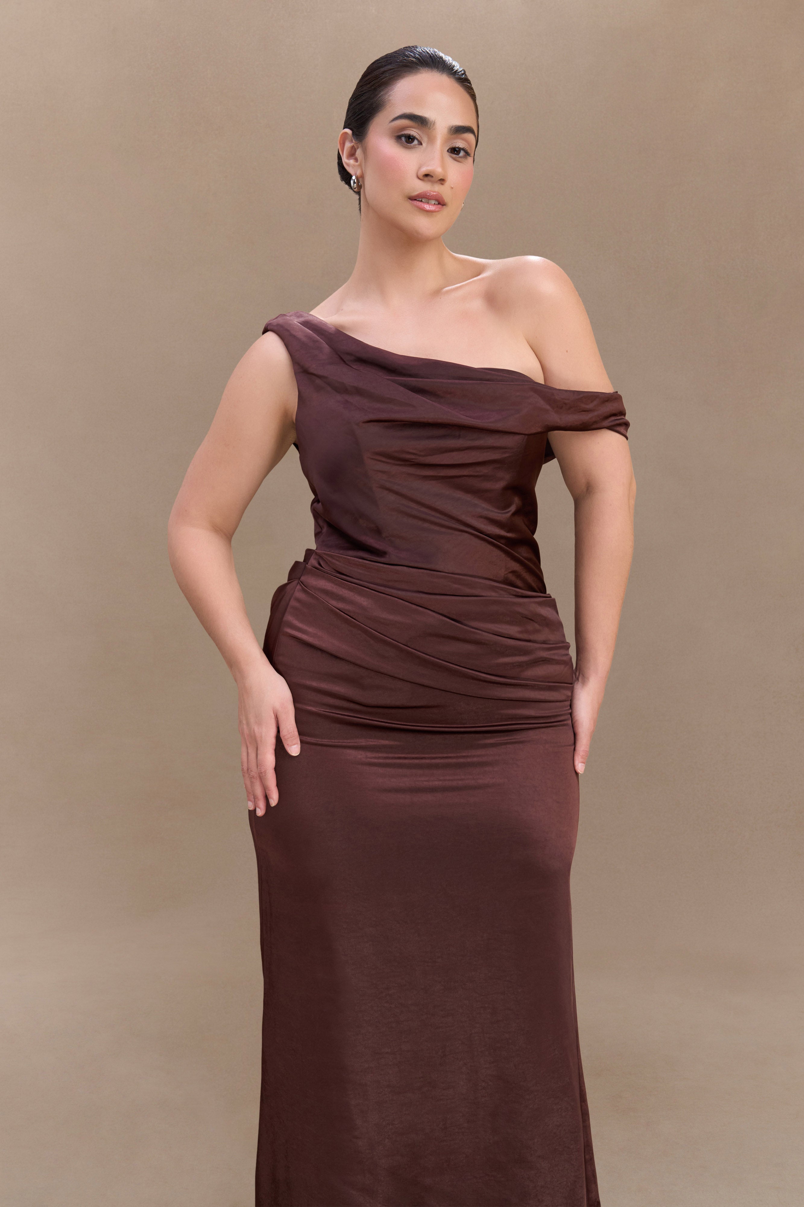 Dalia Off Shoulder Satin Maxi Dress - Dark Chocolate